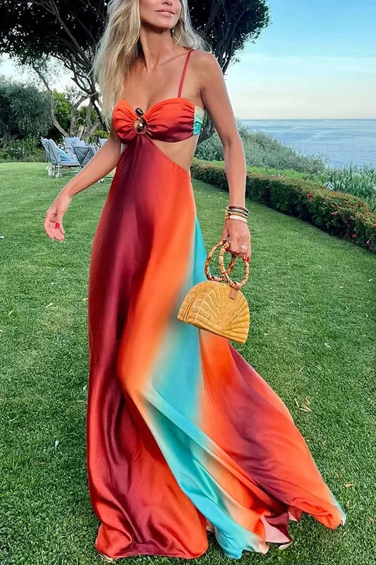 Vestido largo mujer degradado rojo turquesa para fiesta de verano