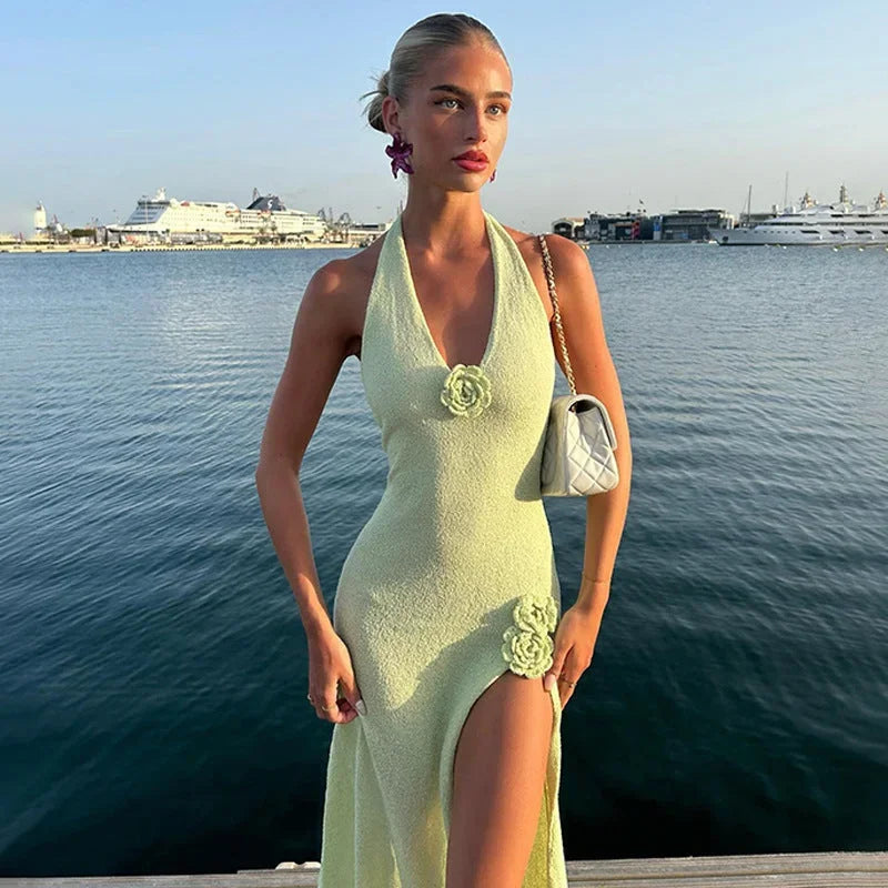 Vestido largo mujer espalda descubierta con flor y abertura