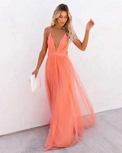 Vestido largo naranja espalda descubierta tirantes finos fiesta verano