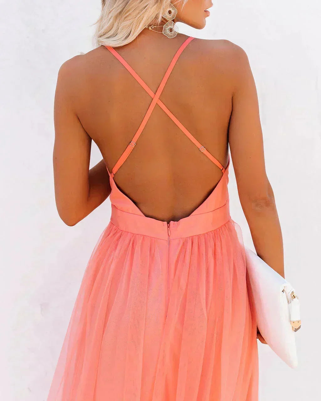 Vestido largo naranja espalda descubierta tirantes finos fiesta verano