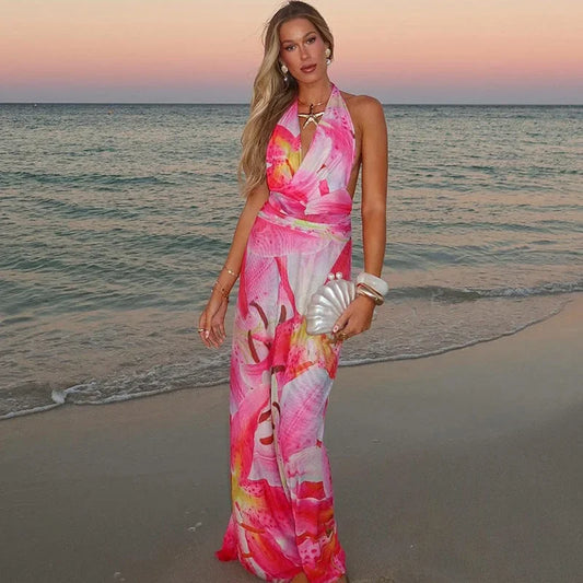 Vestido largo espalda descubierta rosa con estampado tropical verano playa