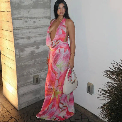 Vestido largo espalda descubierta rosa con estampado tropical verano playa