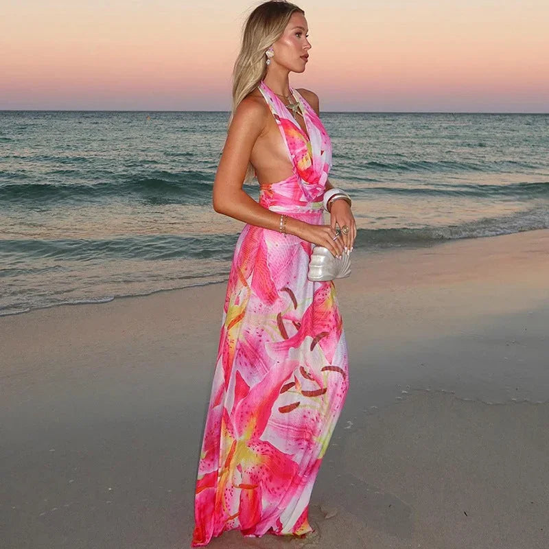 Vestido largo espalda descubierta rosa con estampado tropical verano playa