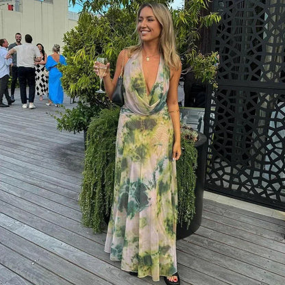 Vestido largo mujer tie-dye verde y rosa con espalda descubierta