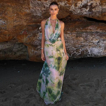 Vestido largo mujer tie-dye verde y rosa con espalda descubierta