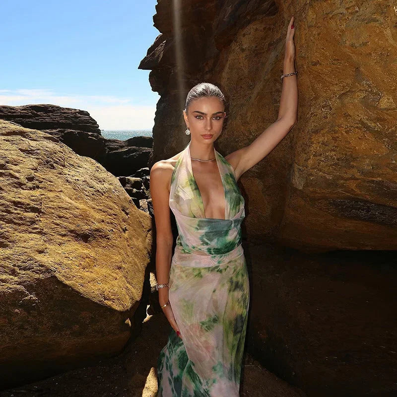 Vestido largo mujer tie-dye verde y rosa con espalda descubierta