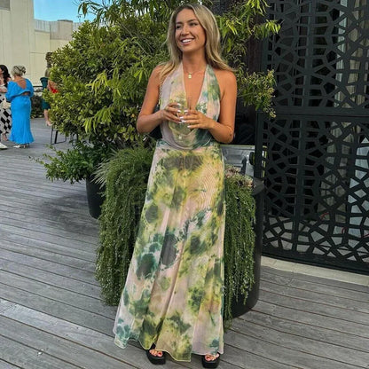 Vestido largo mujer tie-dye verde y rosa con espalda descubierta