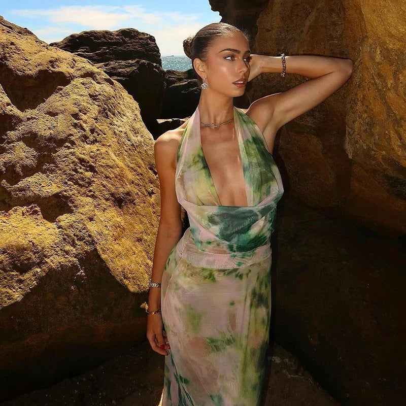 Vestido largo mujer tie-dye verde y rosa con espalda descubierta