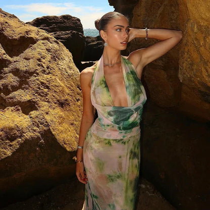 Vestido largo mujer tie-dye verde y rosa con espalda descubierta