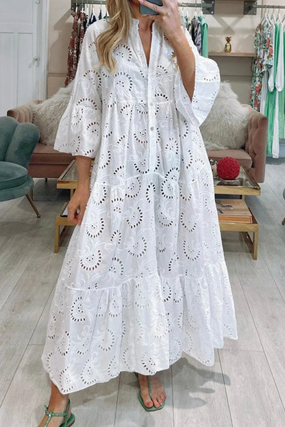 Vestido largo calado con mangas 3/4 y cuello en V para verano