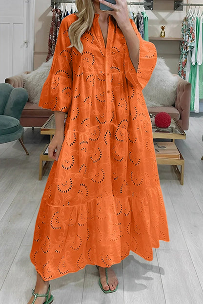Vestido largo calado con mangas 3/4 y cuello en V para verano
