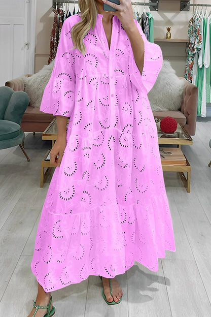 Vestido largo calado con mangas 3/4 y cuello en V para verano