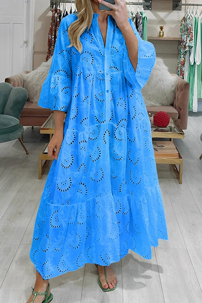Vestido largo calado con mangas 3/4 y cuello en V para verano
