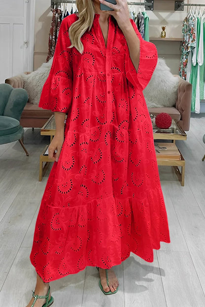 Vestido largo calado con mangas 3/4 y cuello en V para verano