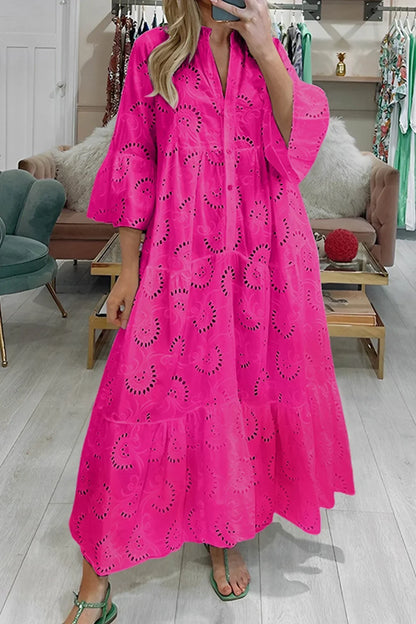 Vestido largo calado con mangas 3/4 y cuello en V para verano