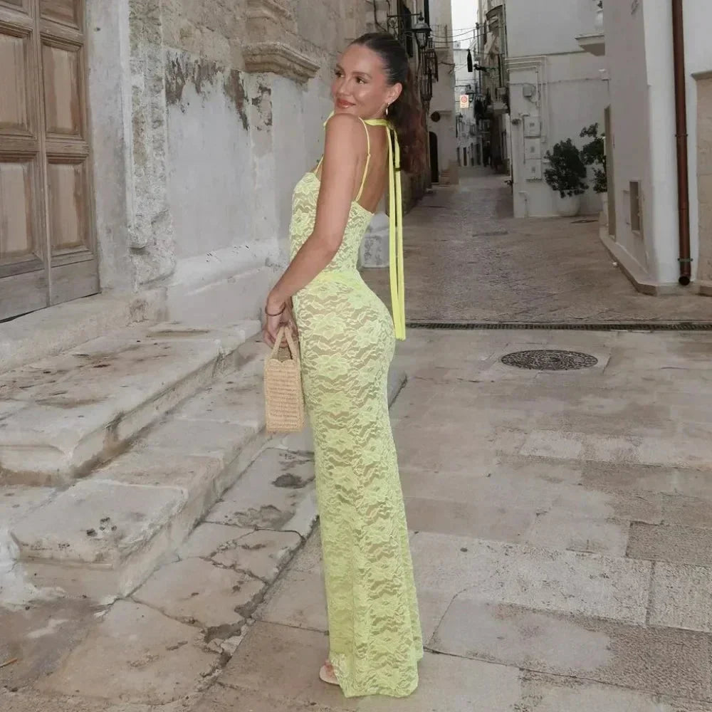 Vestido largo mujer con encaje y tirantes finos