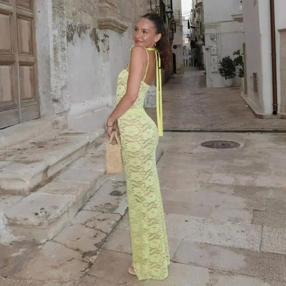 Vestido largo mujer con encaje y tirantes finos