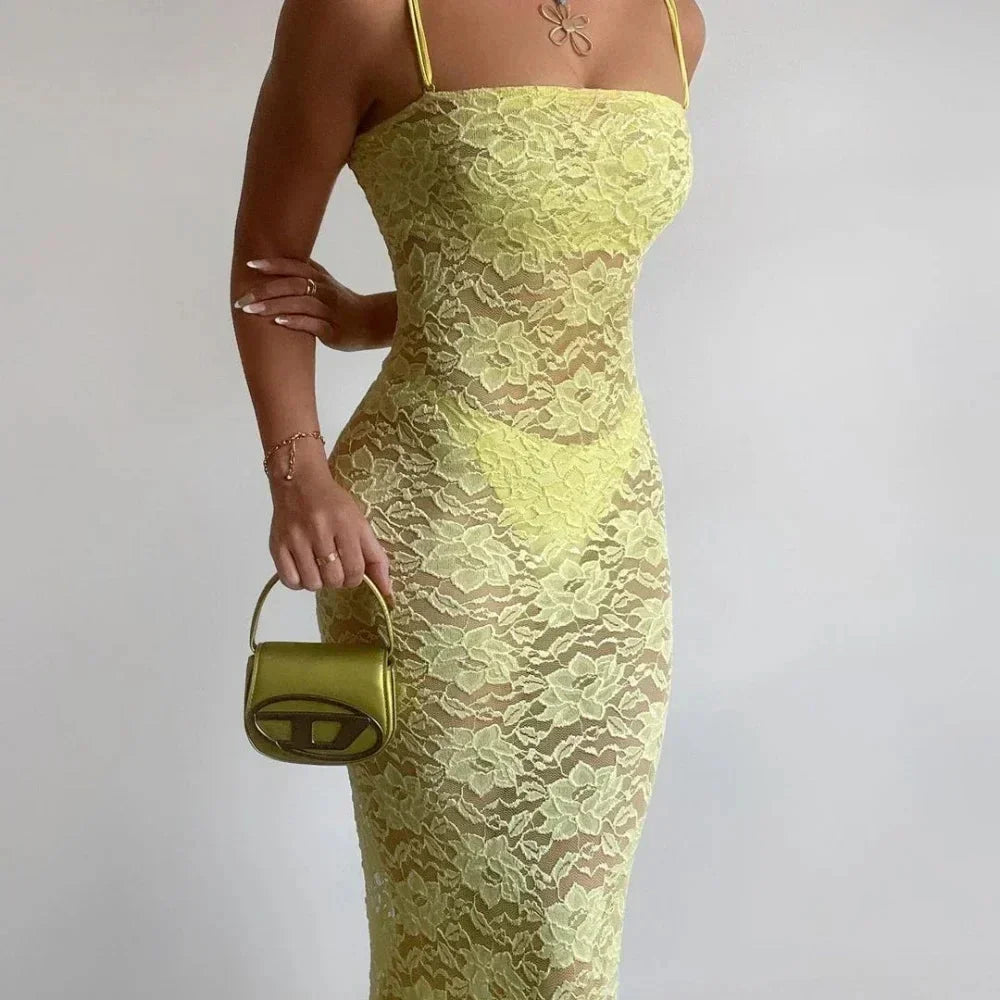 Vestido largo mujer con encaje y tirantes finos