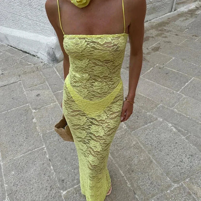 Vestido largo mujer con encaje y tirantes finos