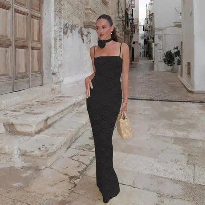 Vestido largo mujer con encaje y tirantes finos
