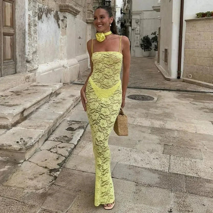 Vestido largo mujer con encaje y tirantes finos