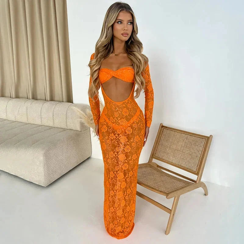 Vestido largo mujer de encaje con mangas largas y recortes para fiesta