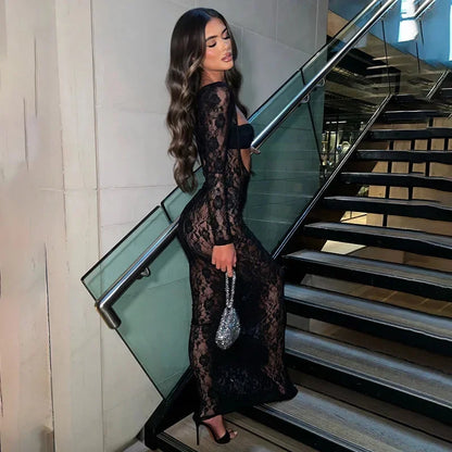 Vestido largo mujer de encaje con mangas largas y recortes para fiesta