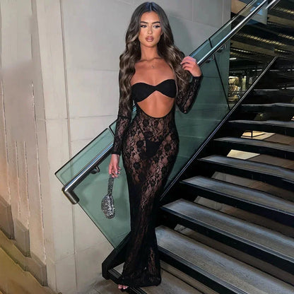 Vestido largo mujer de encaje con mangas largas y recortes para fiesta