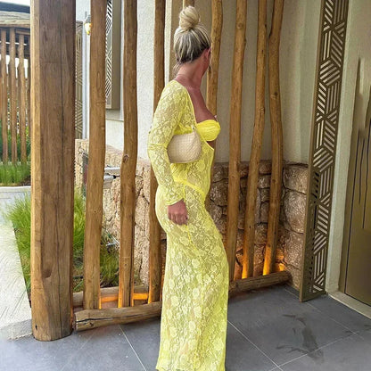 Vestido largo mujer de encaje con mangas largas y recortes para fiesta