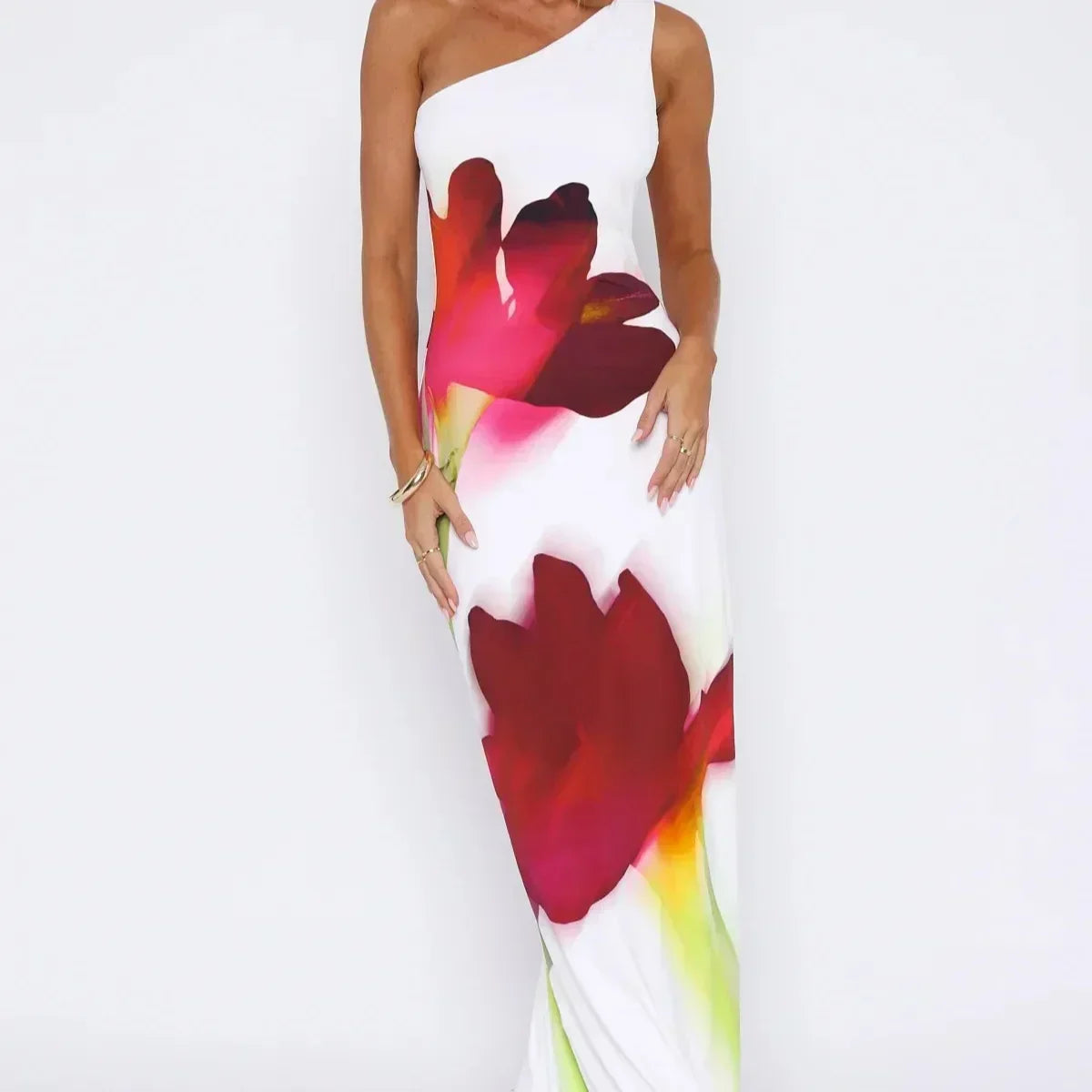 Vestido largo para mujer asimétrico con estampado de flores rojas