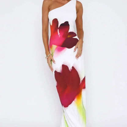 Vestido largo para mujer asimétrico con estampado de flores rojas