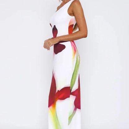 Vestido largo para mujer asimétrico con estampado de flores rojas