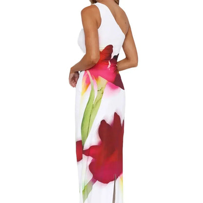 Vestido largo para mujer asimétrico con estampado de flores rojas