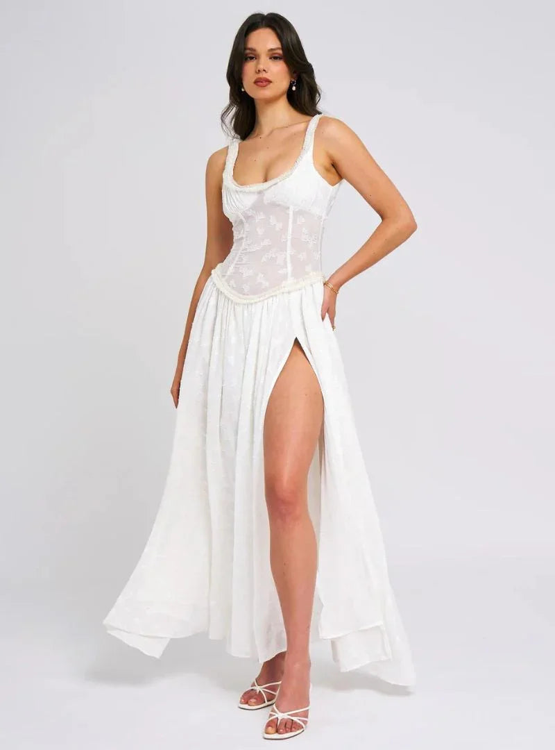 Vestido largo mujer con tirantes y abertura alta