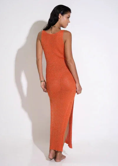 Vestido largo para mujer con aberturas y tirantes naranjas