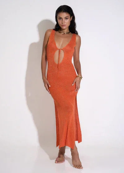 Vestido largo para mujer con aberturas y tirantes naranjas
