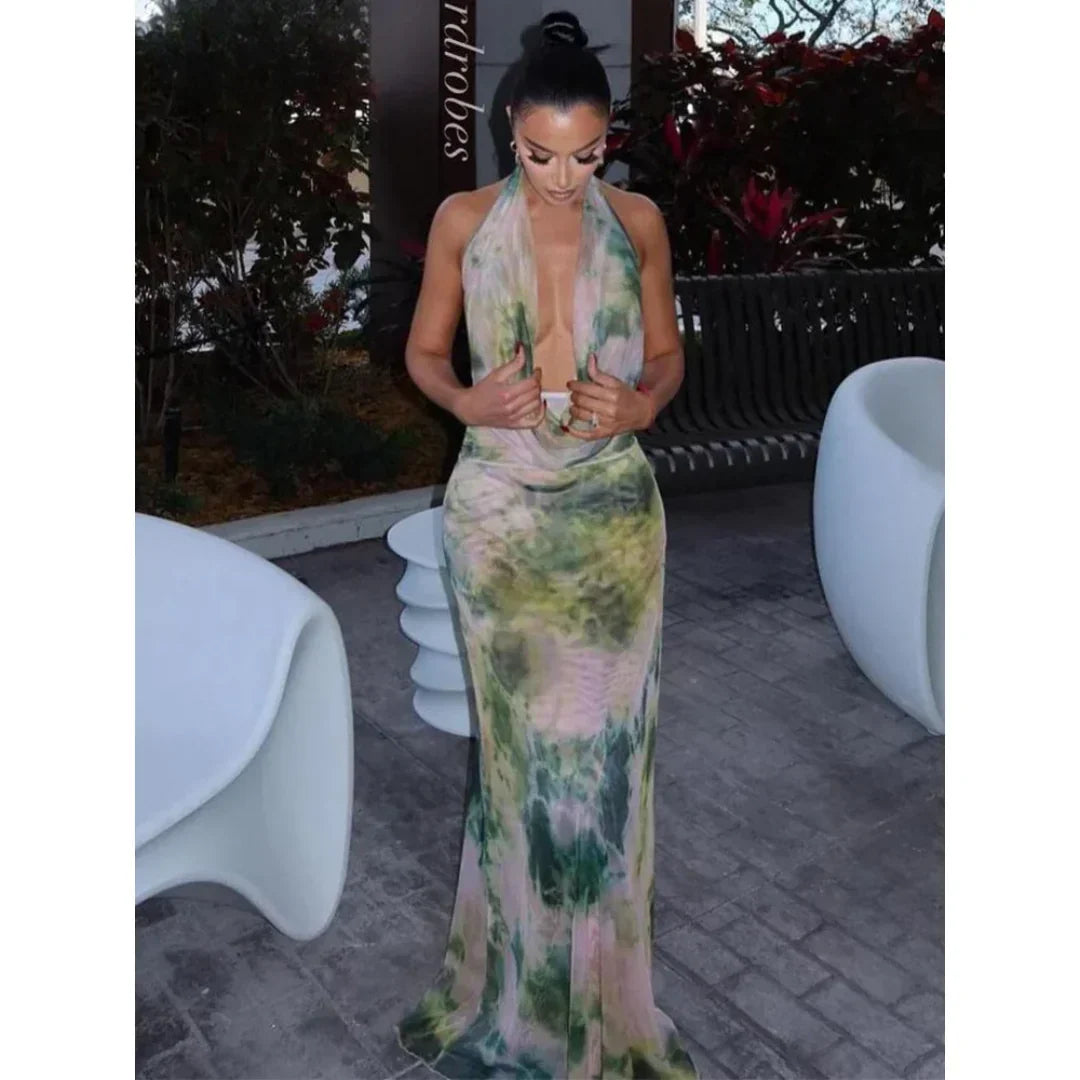 Vestido largo para mujer con estampado fluido y espalda escotada