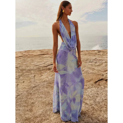 Vestido largo para mujer con estampado fluido y espalda escotada