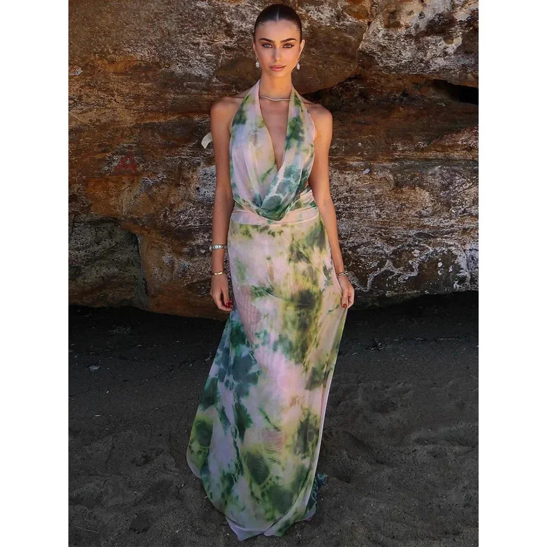 Vestido largo para mujer con estampado fluido y espalda escotada