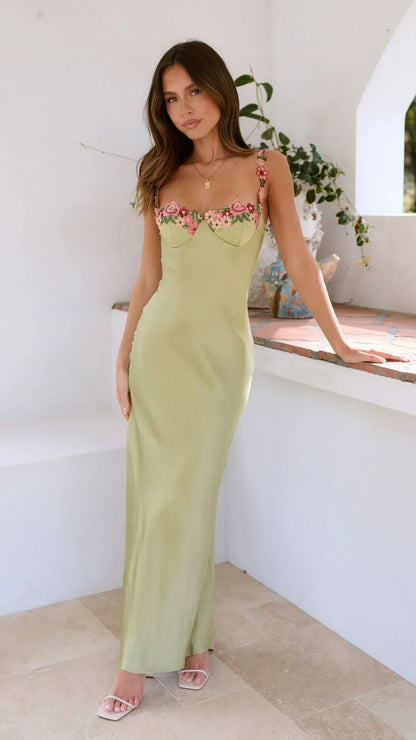 Vestido largo mujer con tirantes florales verde claro