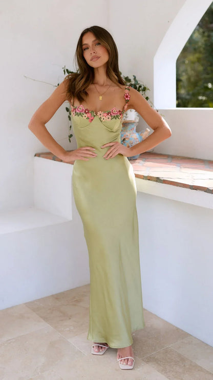 Vestido largo mujer con tirantes florales verde claro