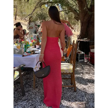 Vestido largo para mujer de crochet rojo con flores naranjas