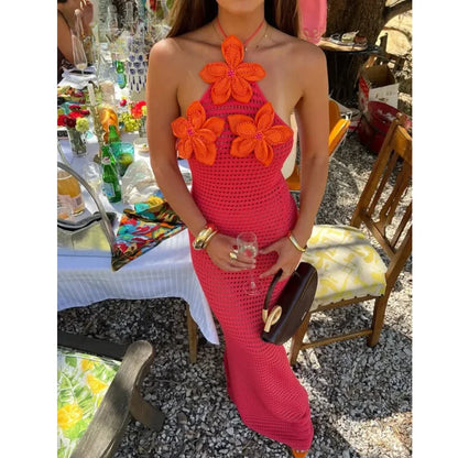Vestido largo para mujer de crochet rojo con flores naranjas