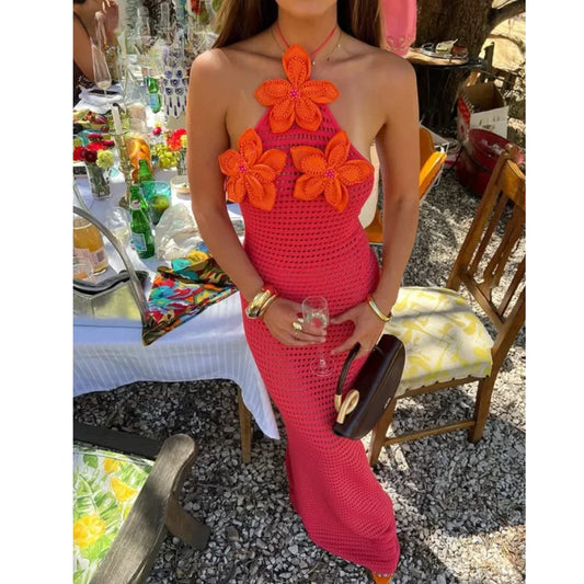 Vestido largo para mujer de crochet rojo con flores naranjas