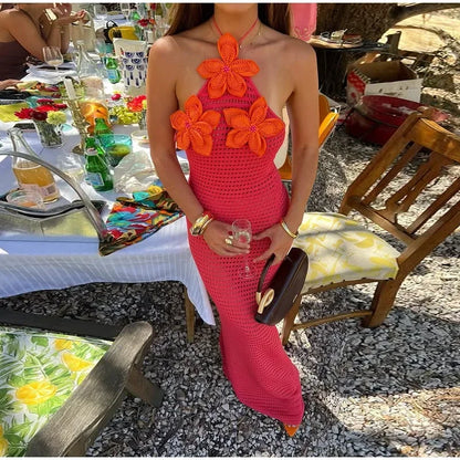 Vestido largo para mujer de crochet rojo con flores naranjas