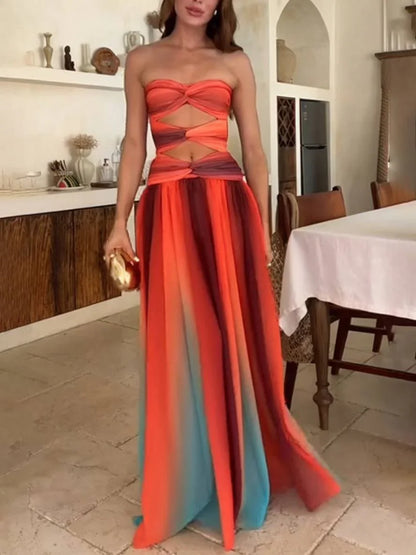 Vestido maxi mujer fluido degradado con top bandeau fruncido y abertura en la cintura