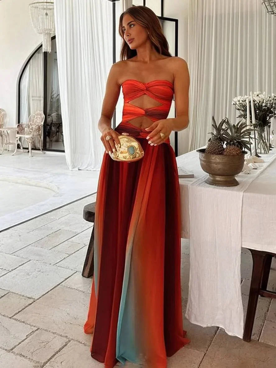 Vestido maxi mujer fluido degradado con top bandeau fruncido y abertura en la cintura