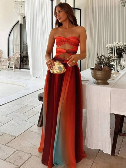 Vestido maxi mujer fluido degradado con top bandeau fruncido y abertura en la cintura