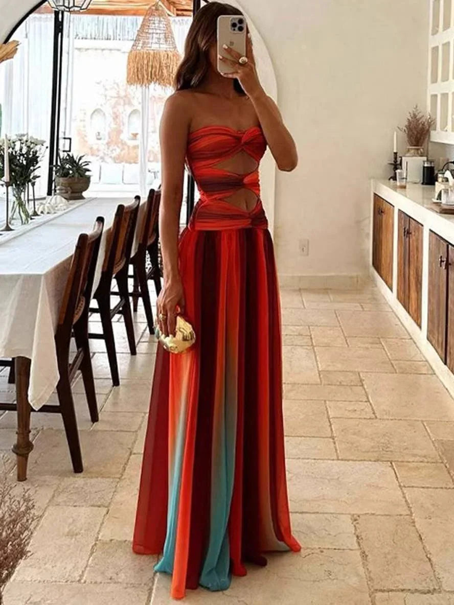 Vestido maxi mujer fluido degradado con top bandeau fruncido y abertura en la cintura