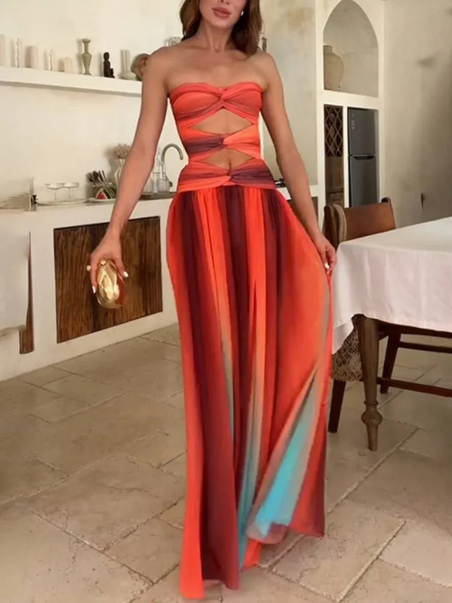 Vestido maxi mujer fluido degradado con top bandeau fruncido y abertura en la cintura